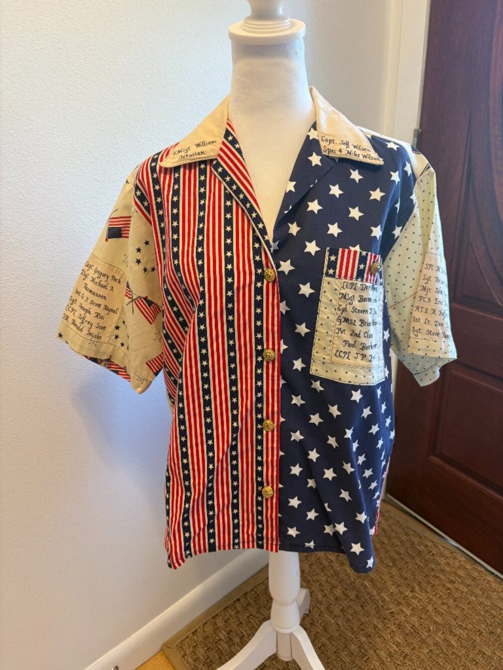 Handmade Patriotic Women's Button Up Collared Short Sleeve Shirt Desert Storm